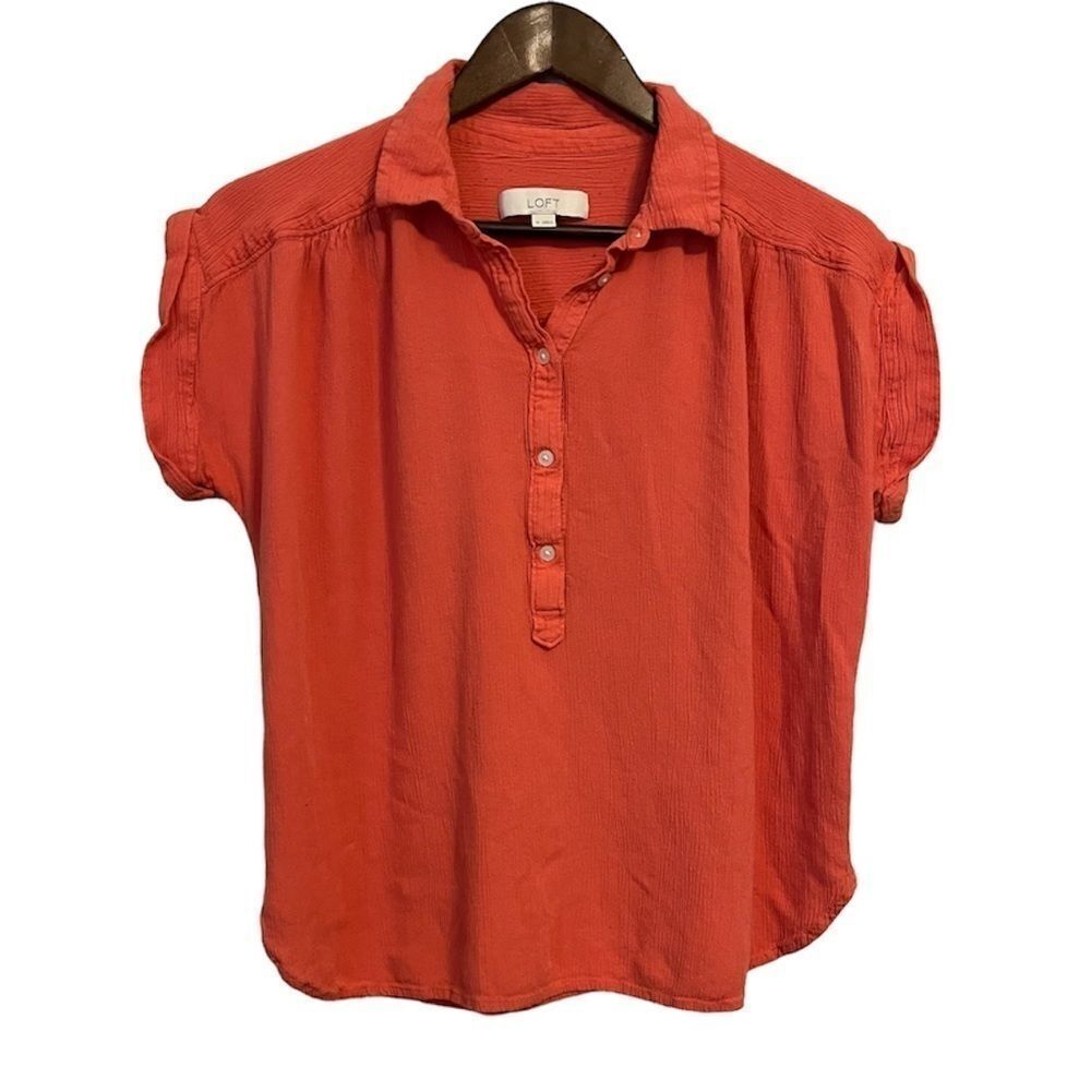 Loft Coral Red Short Sleeve Collared Top
